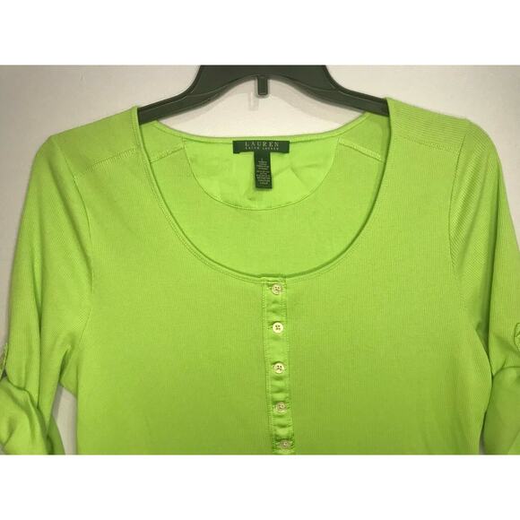 Lauren Ralph Lauren Womens Green Henley Knit Top Large Scoop Neck Roll Tab - Picture 2 of 7